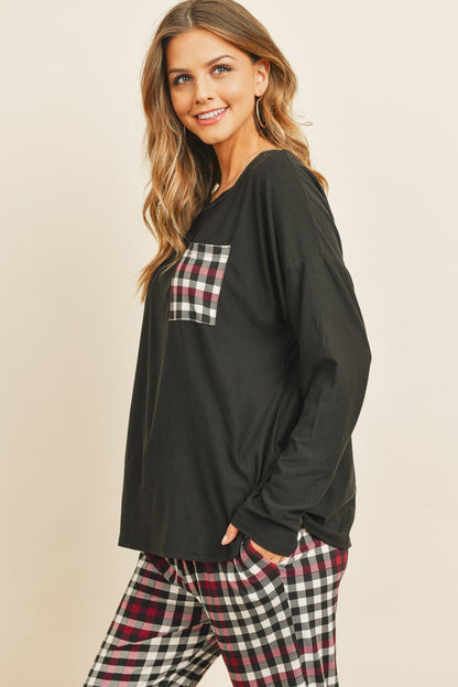 solid top plaid pocket