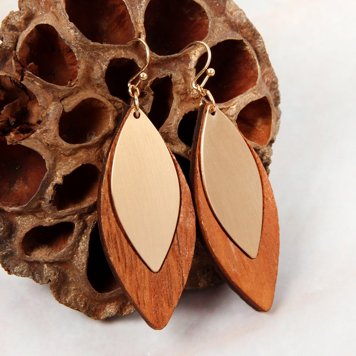 satin metal wood earrings